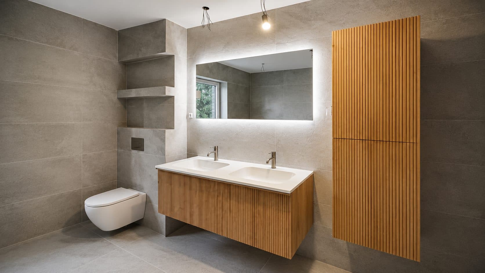 Salle de bains rénovée par Calli Confort, double vasque en bois et miroir rétroéclairé